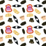 Stylized pattern with eyes, mouths and biscuits