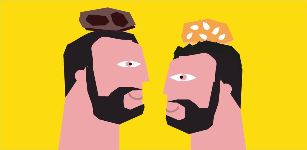 Stylized illustration representing Massimiliano and Riccardo Lunardi with their biscuits