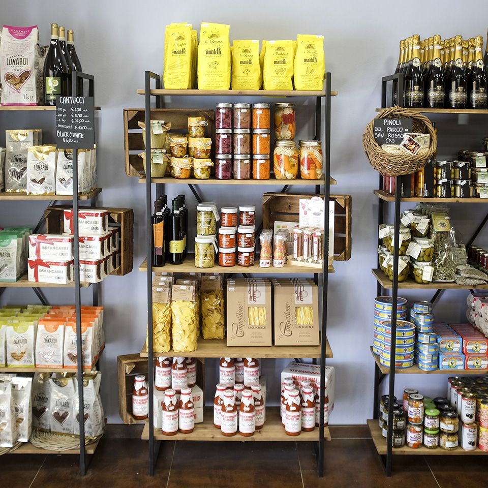 A shelf containing products