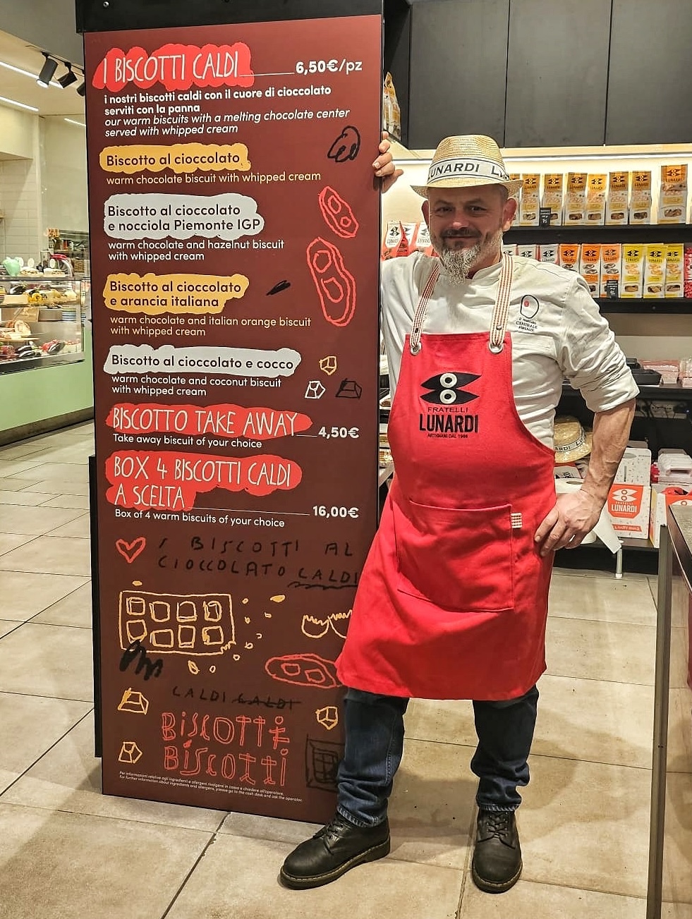Stand dei Fratelli Lunardi al Mercato centrale con menu dei gusti